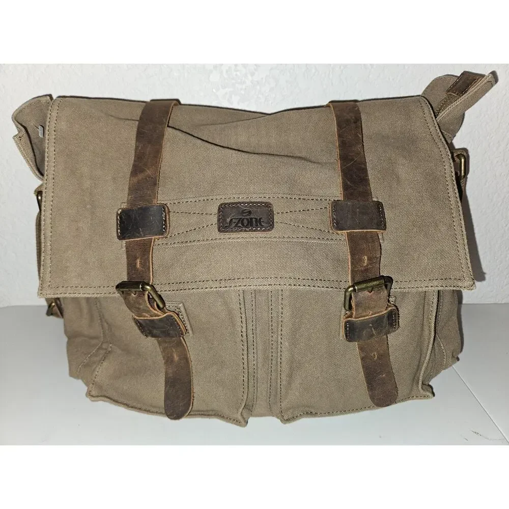 S-ZONE Khaki Canvas W/Leather Accents Messenger Bag Laptop Carry Case 15x12x4